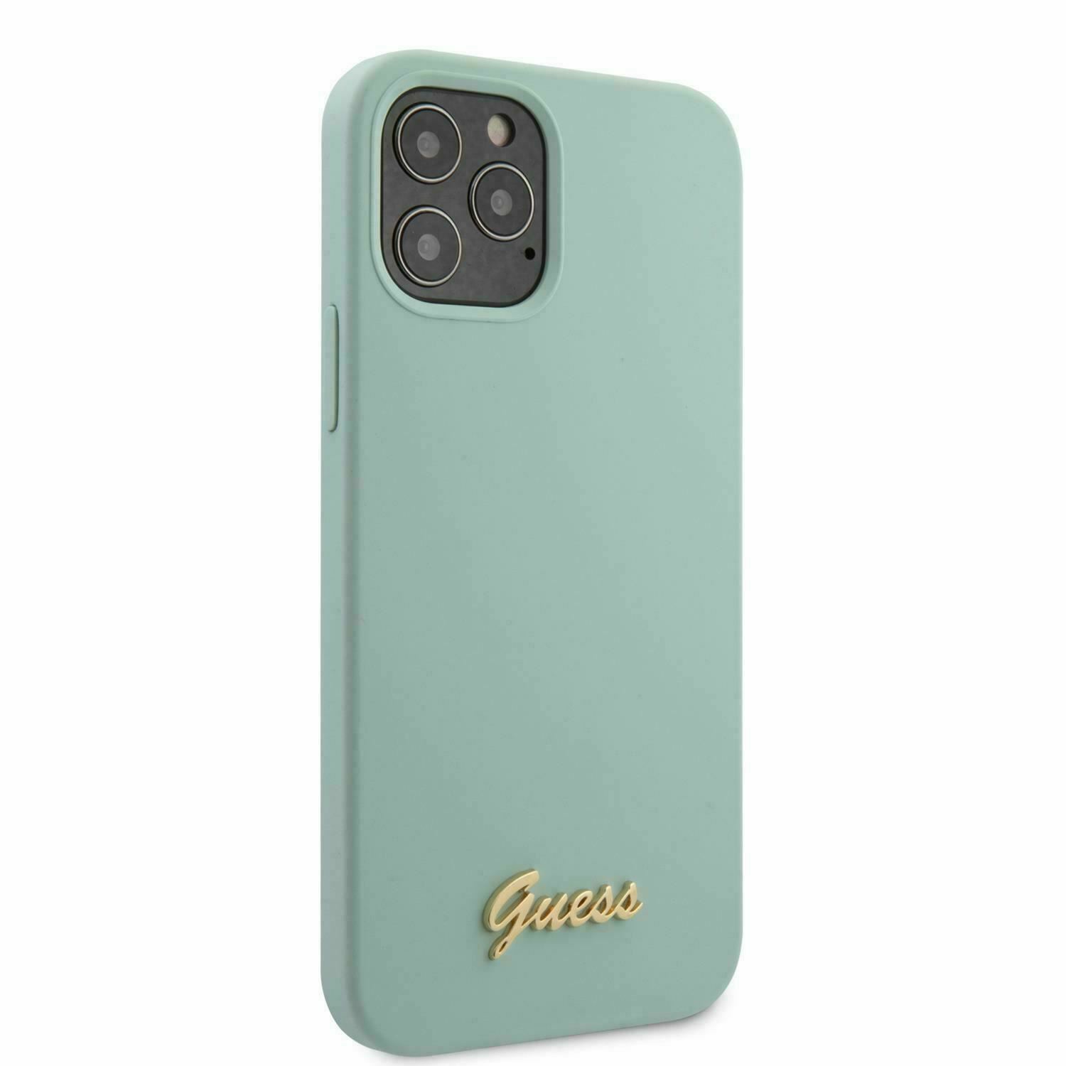 00a778_aa0b157e175240edbfd4a6c7b70898ffmv2.jpg Guess® Silicone Metal Logo Script Hard Case for iPhone 12 Pro Max Blue – Image 1